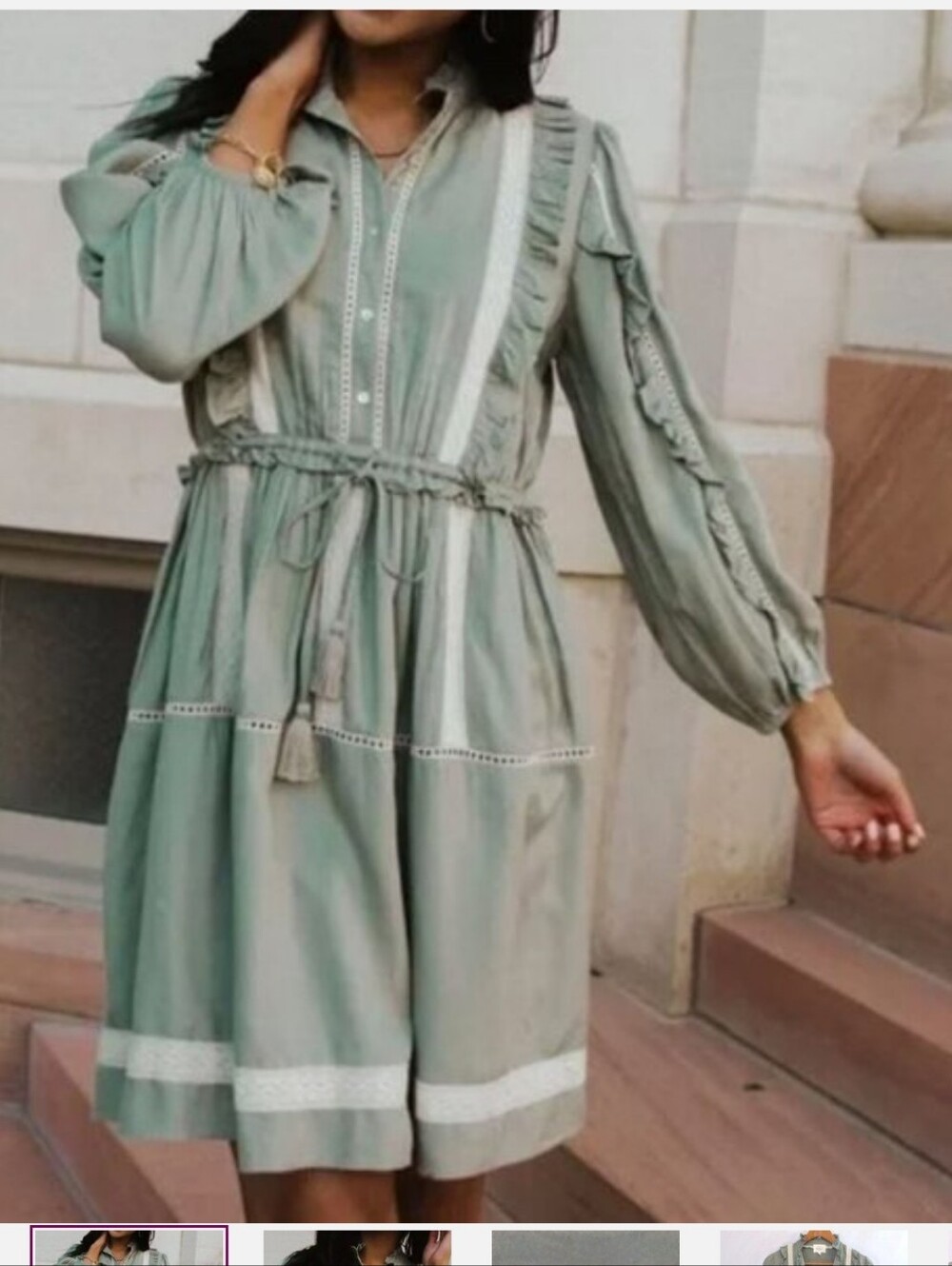 Böhme Boho Sage Lace Tie Waist Button Midi Dress